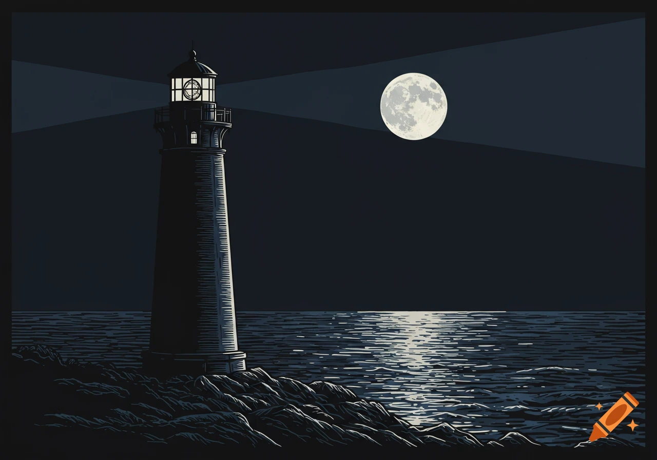 Woodcut illustration of a lighthouse on a rocky shore at night under a full moon.