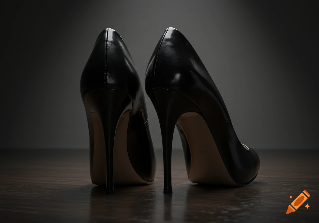 Back view of a pair of empty black high heel shoes on a wooden surface.