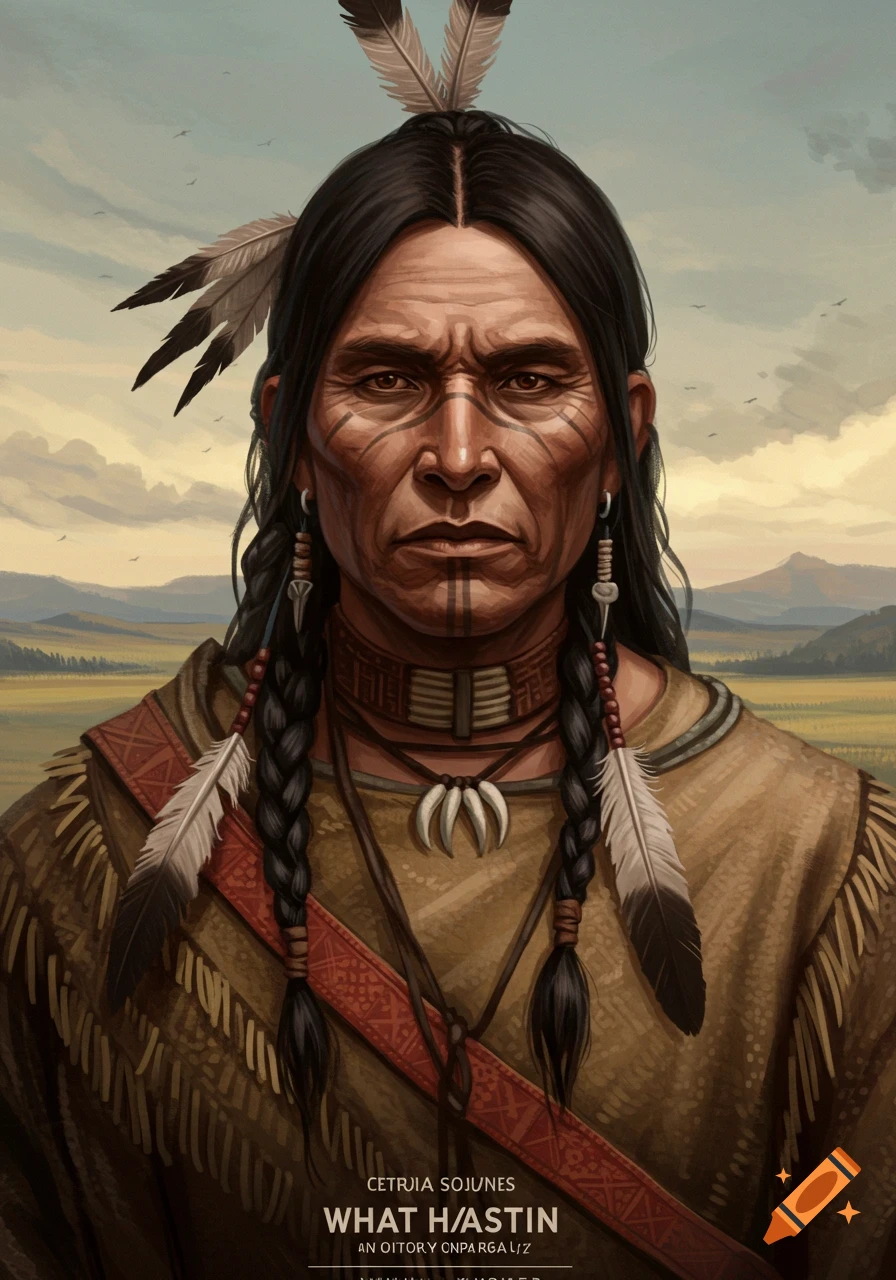 Portrait of a Native American man with face markings, braids, feathers, and traditional clothing against a landscape.