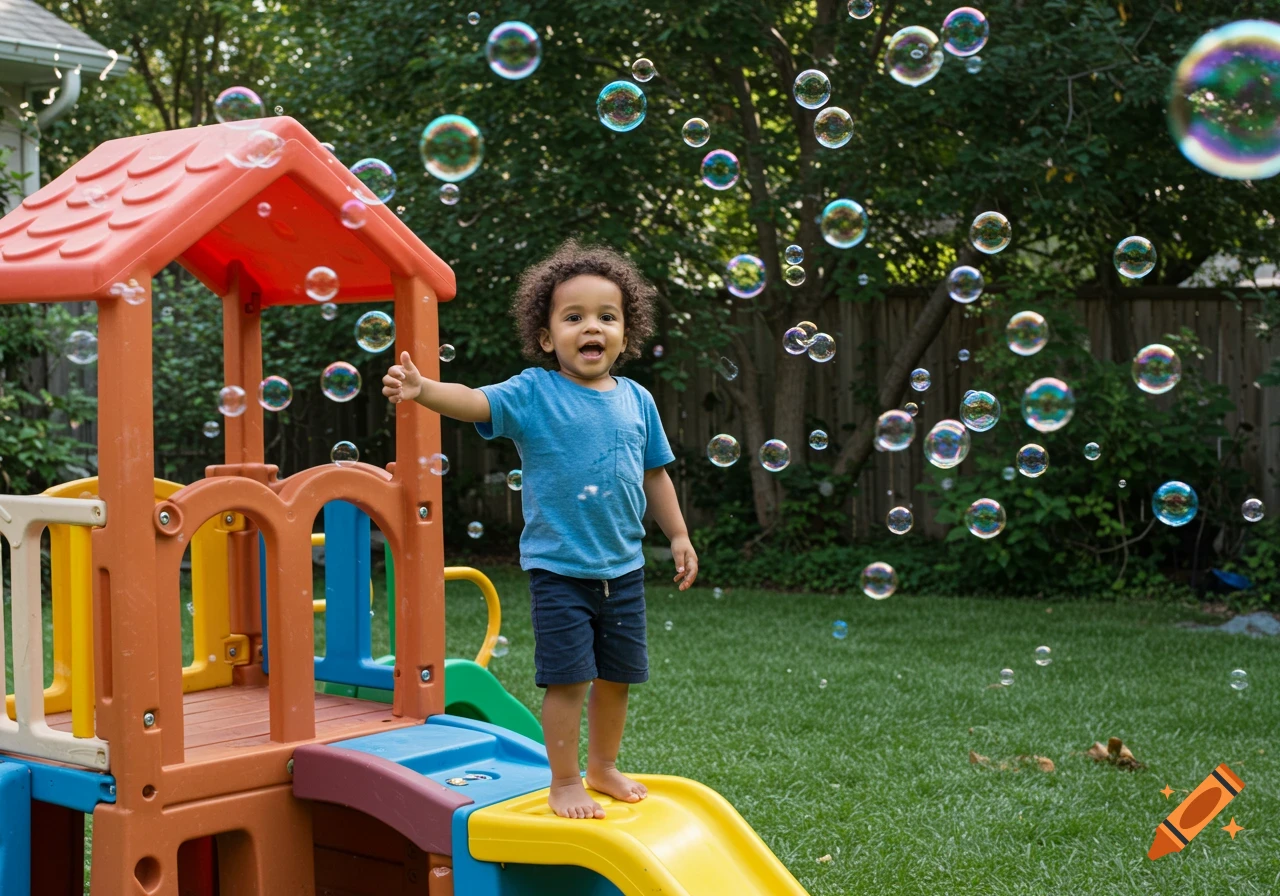 A young child stands on a playset surrounded by floating bubbles in a backyard.