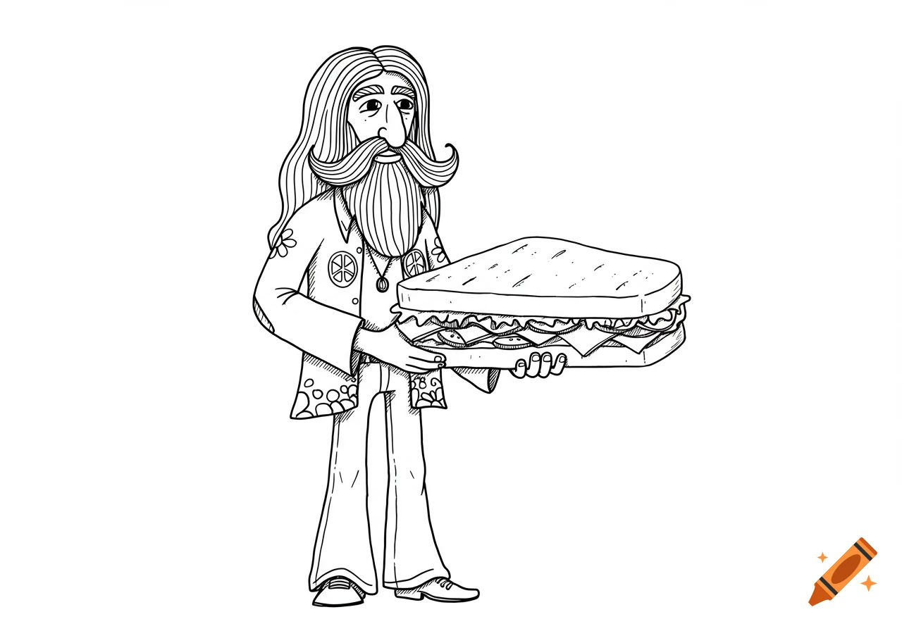 Line drawing of a person with long hair and beard wearing a peace symbol jacket and holding a sandwich.