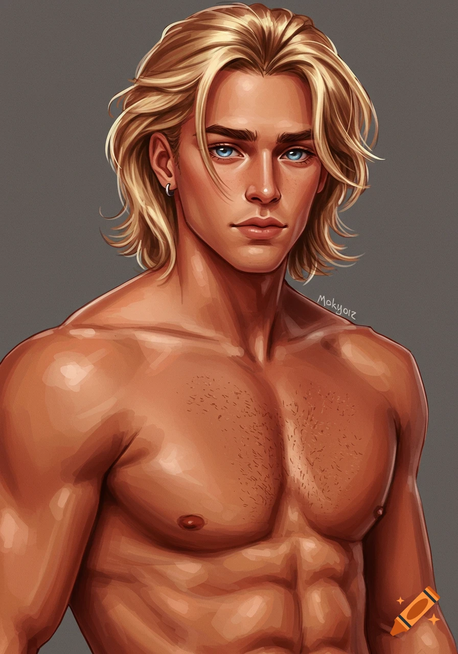 Illustration of a muscular blonde man with blue eyes.