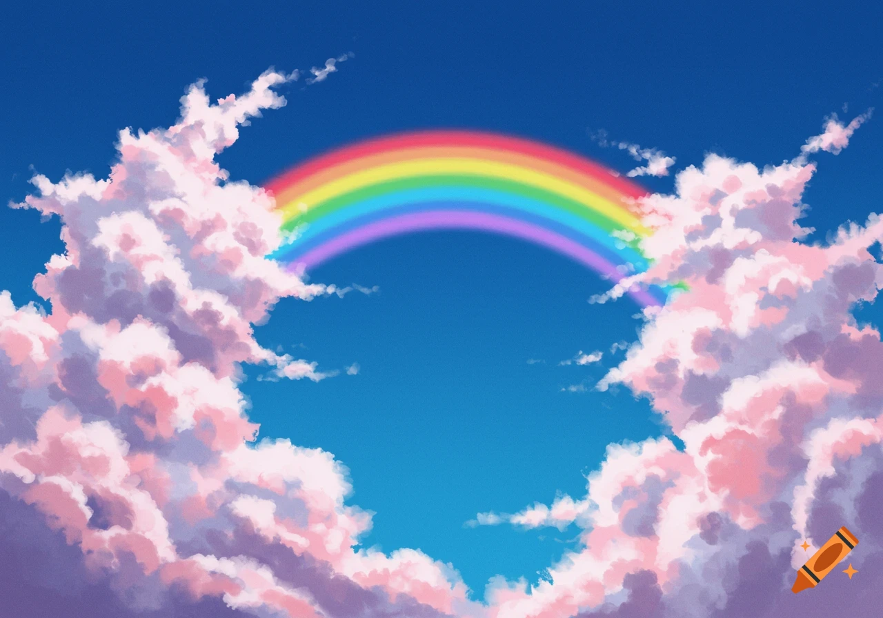 A colorful rainbow arches over pink clouds in a bright blue sky.