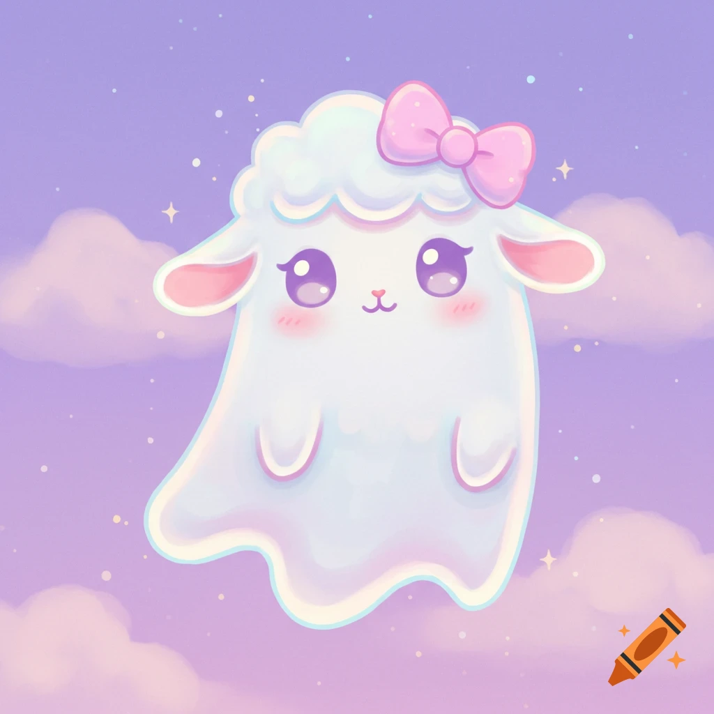 A cute sheep ghost with a pink bow floats in a purple sky with clouds.