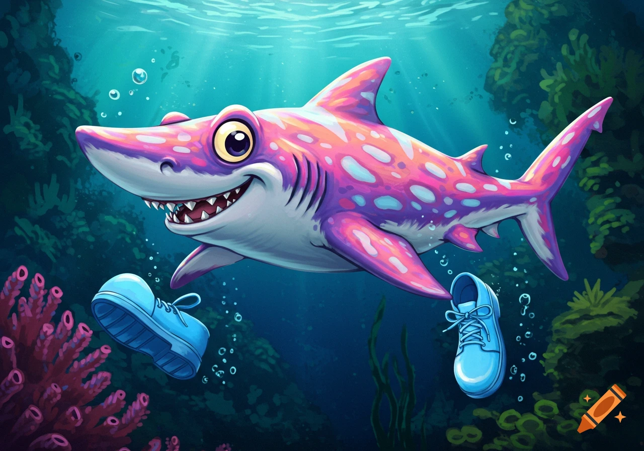 A colorful cartoon shark smiles underwater next to two blue shoes.