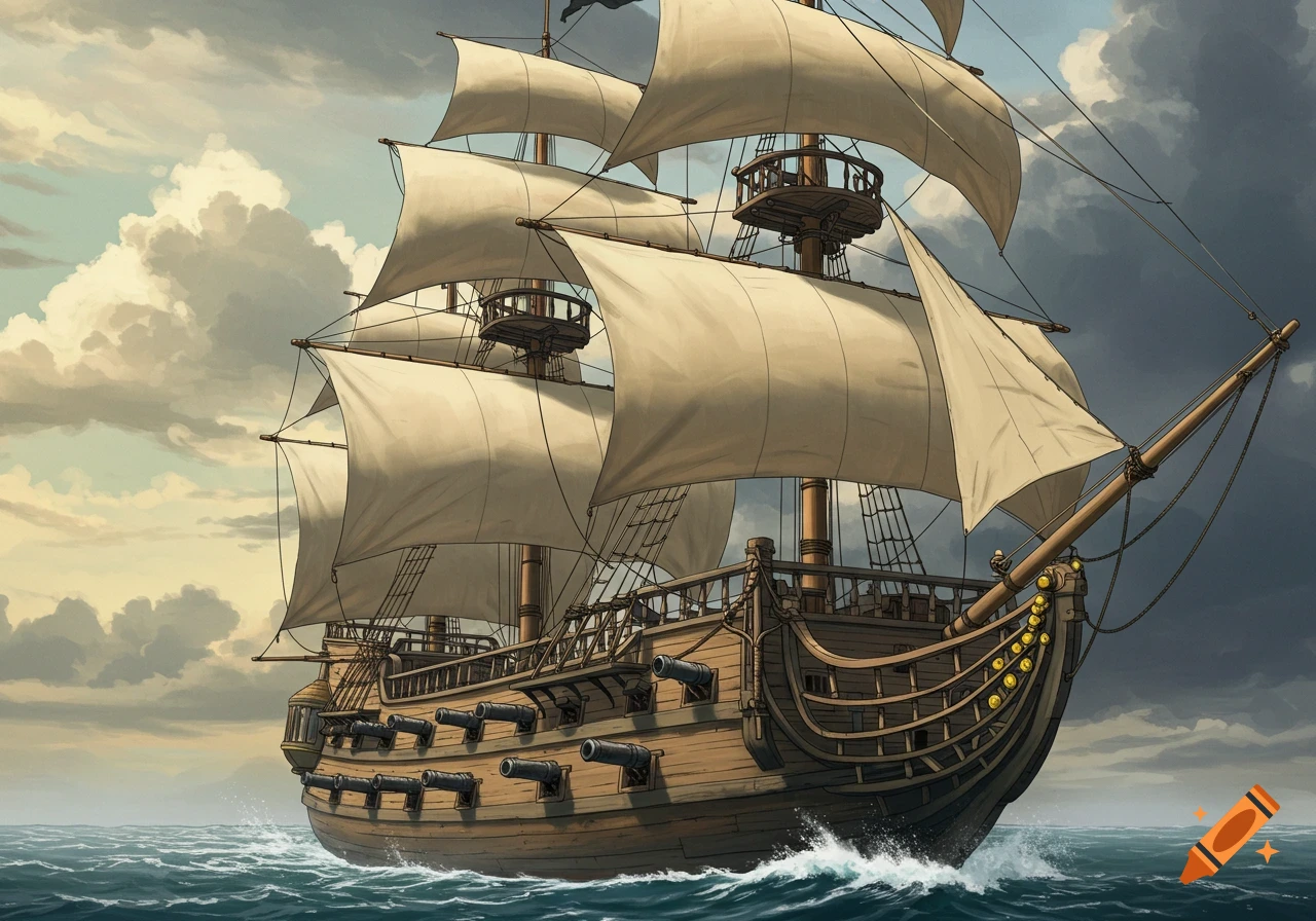 A large wooden pirate ship with multiple sails and cannons sails on the open ocean under a cloudy sky.