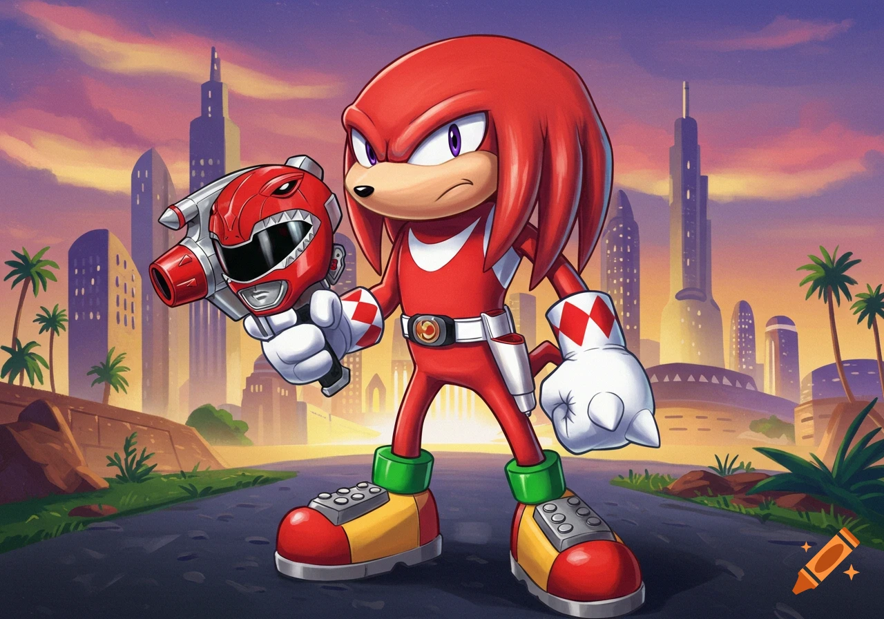 Cartoon of Knuckles the Echidna from Sonic dressed as the Red Power Ranger holding a helmet in a city at sunset.