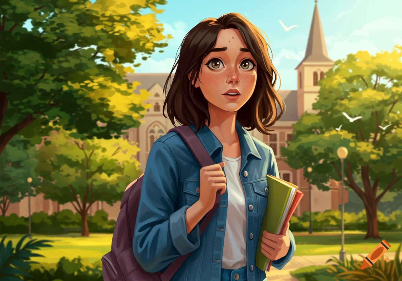 A stylized illustration of a young woman with a backpack and books standing on a college campus.