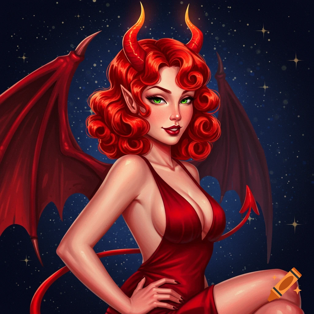 Pin-up style illustration of a red-haired devil girl with horns, wings, and tail, wearing a red dress against a starry background.
