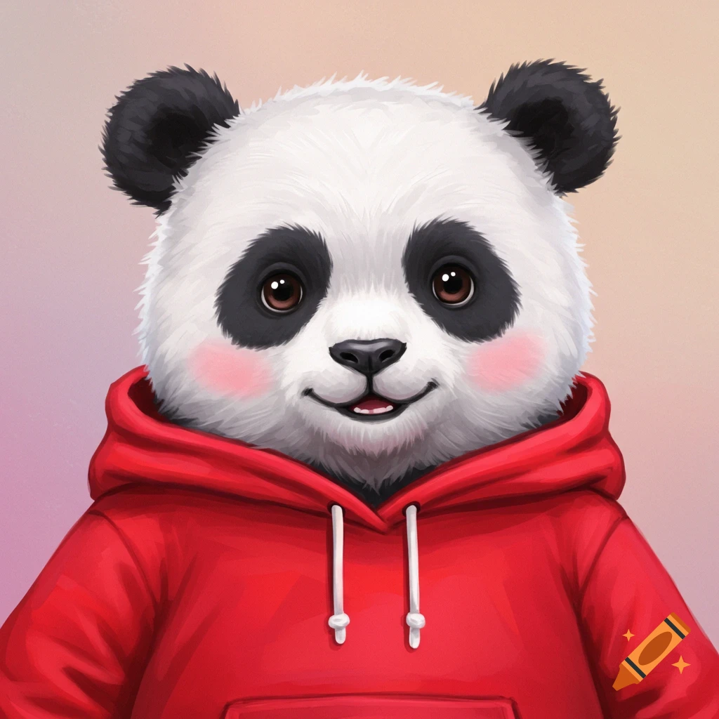 A cute panda wearing a red hoodie, illustrated.