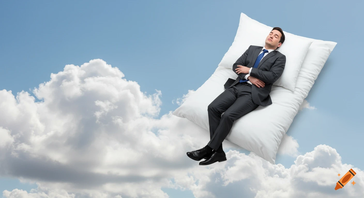 A man in a business suit sleeps on large pillows in the sky surrounded by clouds.