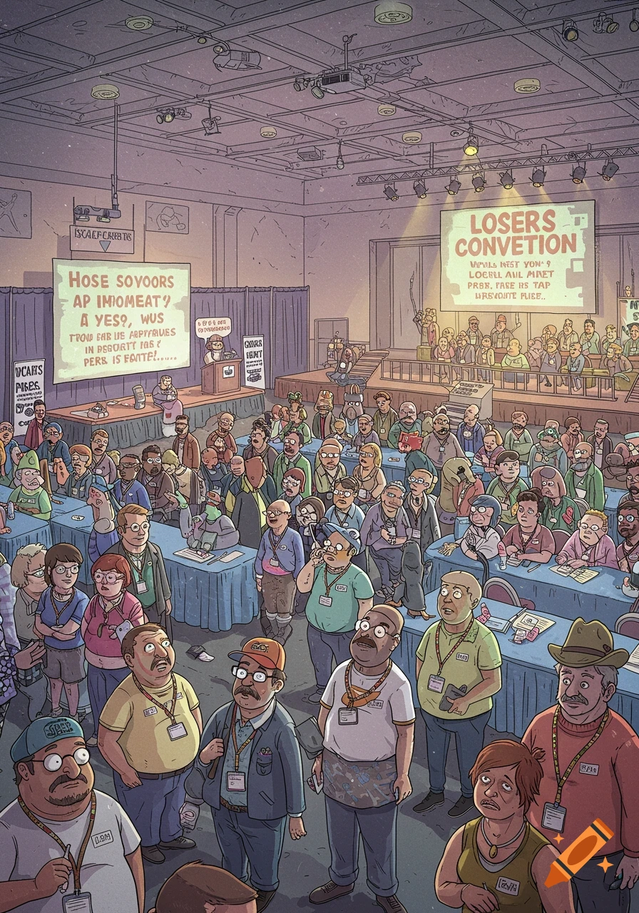 A large group of cartoonish people attends a convention in a hall. Signs display mostly illegible text, but one says "LOSERS CONVETION". Cartoon style.