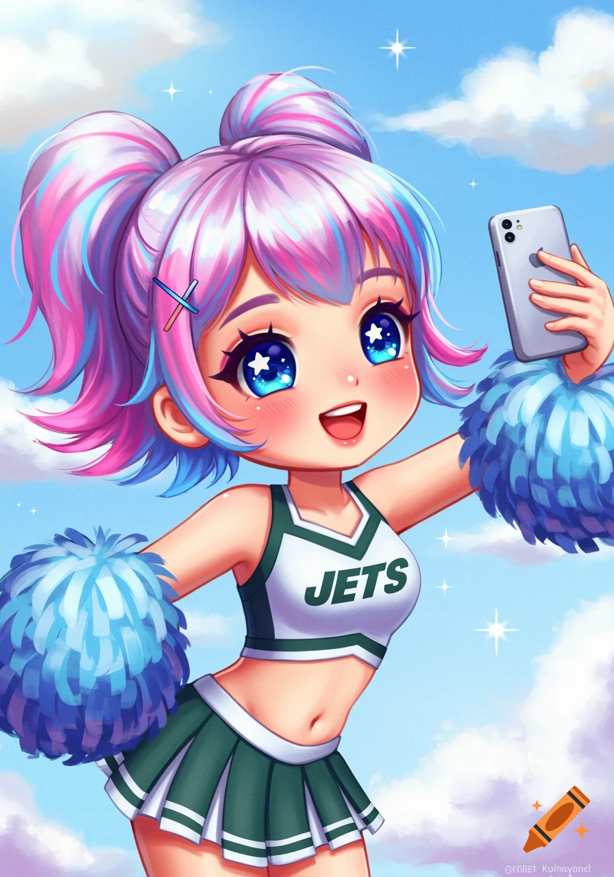 Cute anime cheerleader in a Jets uniform takes a selfie, holding pom-poms against a blue sky.