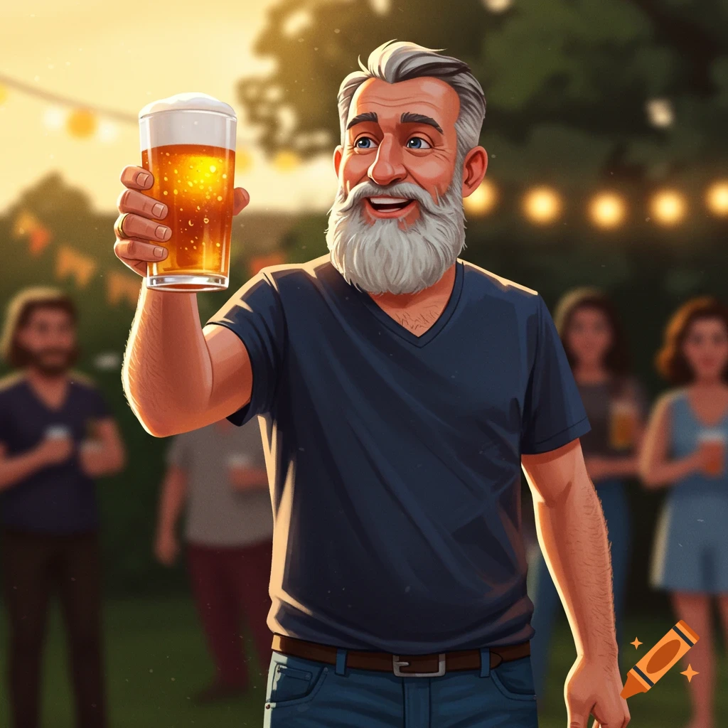 Illustration of a smiling man with a grey beard holding up a beer glass at an outdoor party