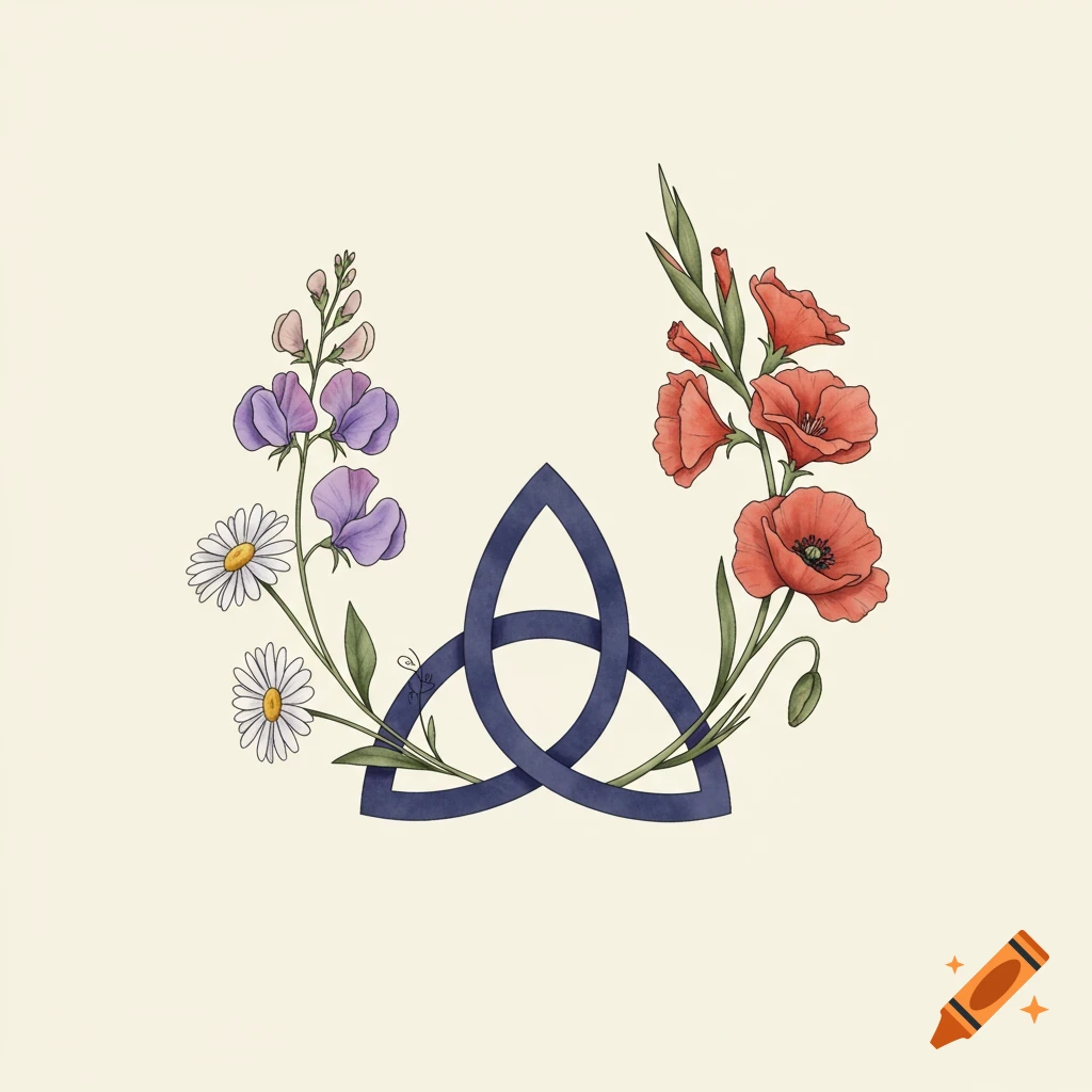 Watercolor illustration of a dark blue Celtic knot symbol framed by purple sweet peas, white daisies, and red poppies and gladiolus flowers on a light background.