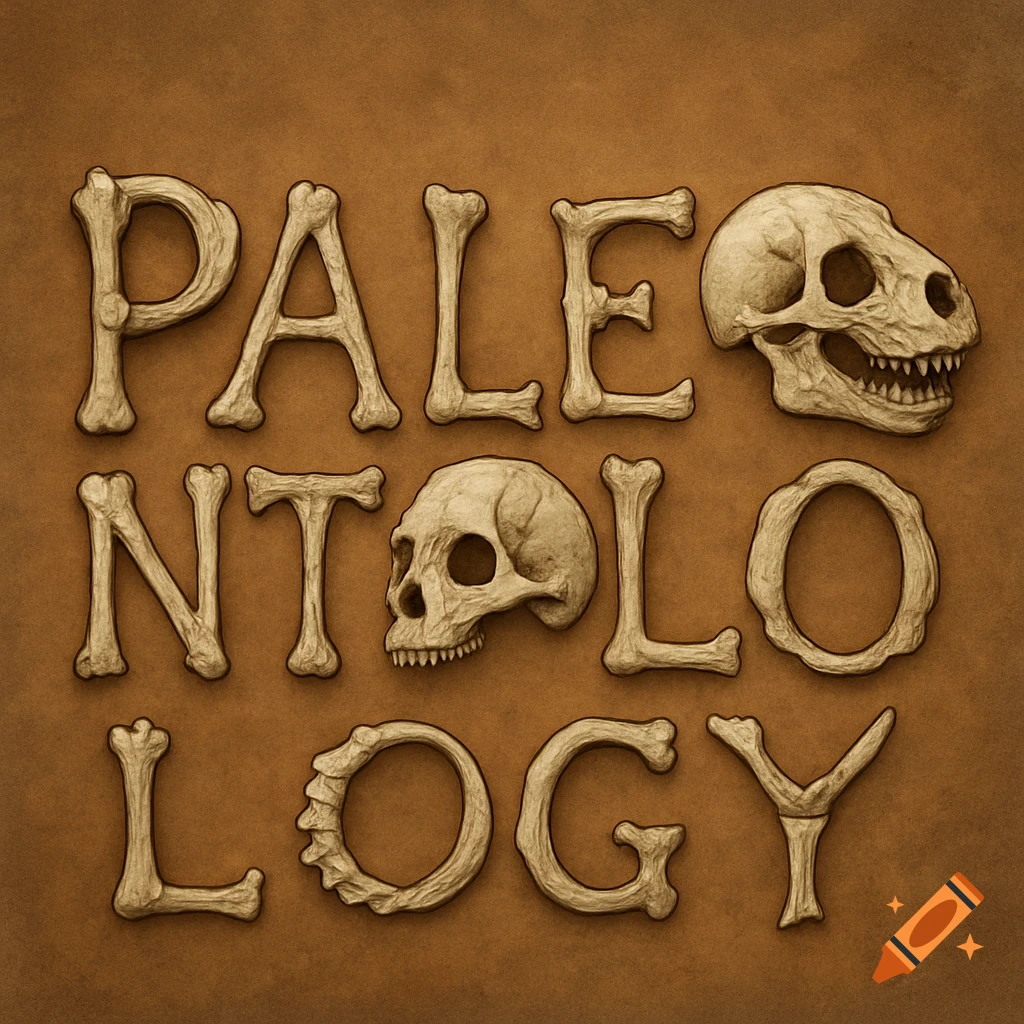 The word 'PALEONTOLOGY' spelled out with artistic bones and skulls on a brown background, in an illustrative style.