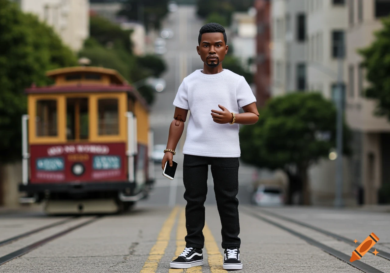 Action figure doll in a white shirt and black pants standing on a San Francisco street with a blurry cable car in the background.