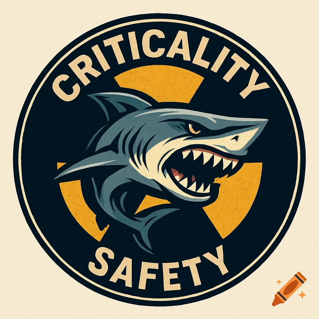 Circular logo featuring an aggressive shark against a yellow nuclear symbol, with "CRITICALITY SAFETY" text around the border.