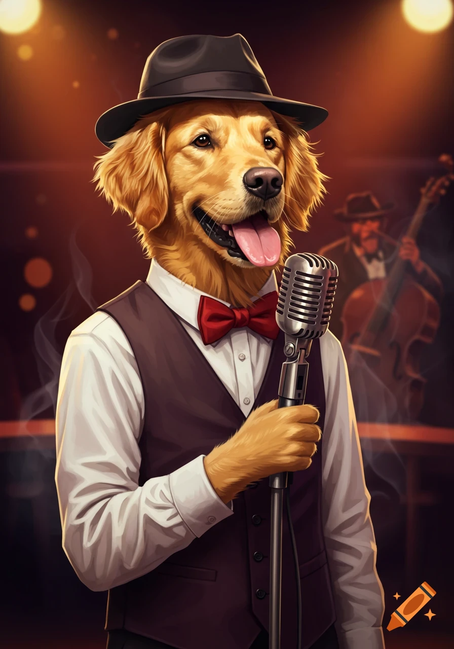 Golden retriever in a suit and fedora singing into a vintage microphone on a jazz stage.