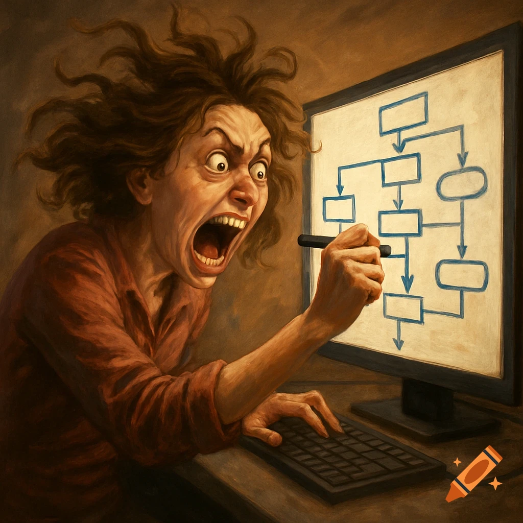Painting of a person intensely drawing a flowchart on a computer screen.
