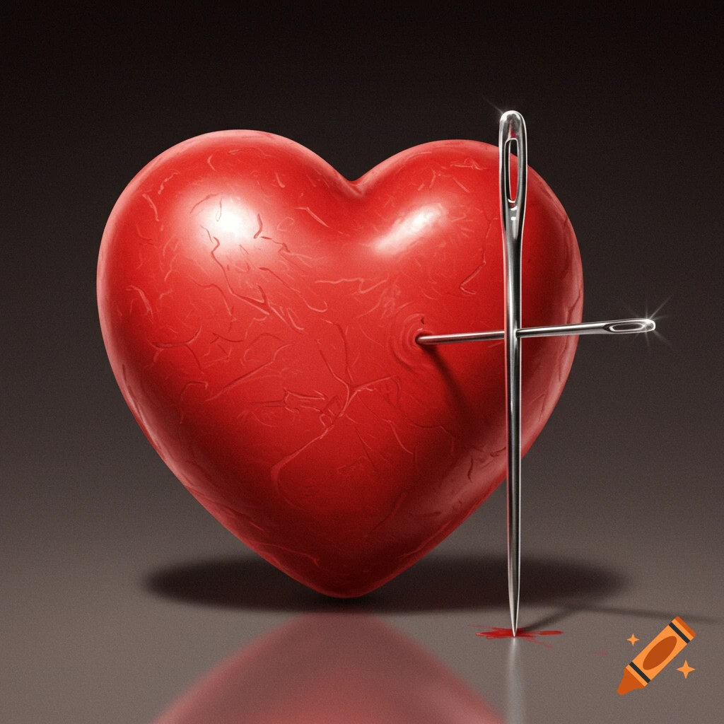 A glossy red heart is pierced by a large sewing needle, with a drop of blood on the surface below.