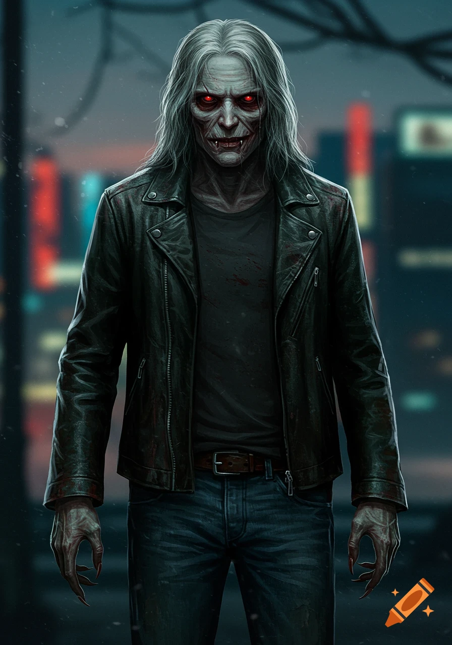 Digital painting of an old vampire with red eyes and white hair, wearing a black leather jacket and jeans.