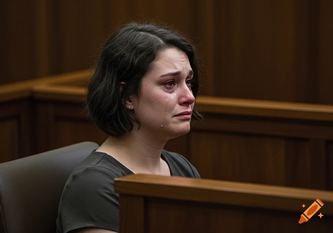 A woman cries while sitting in a wooden jury box