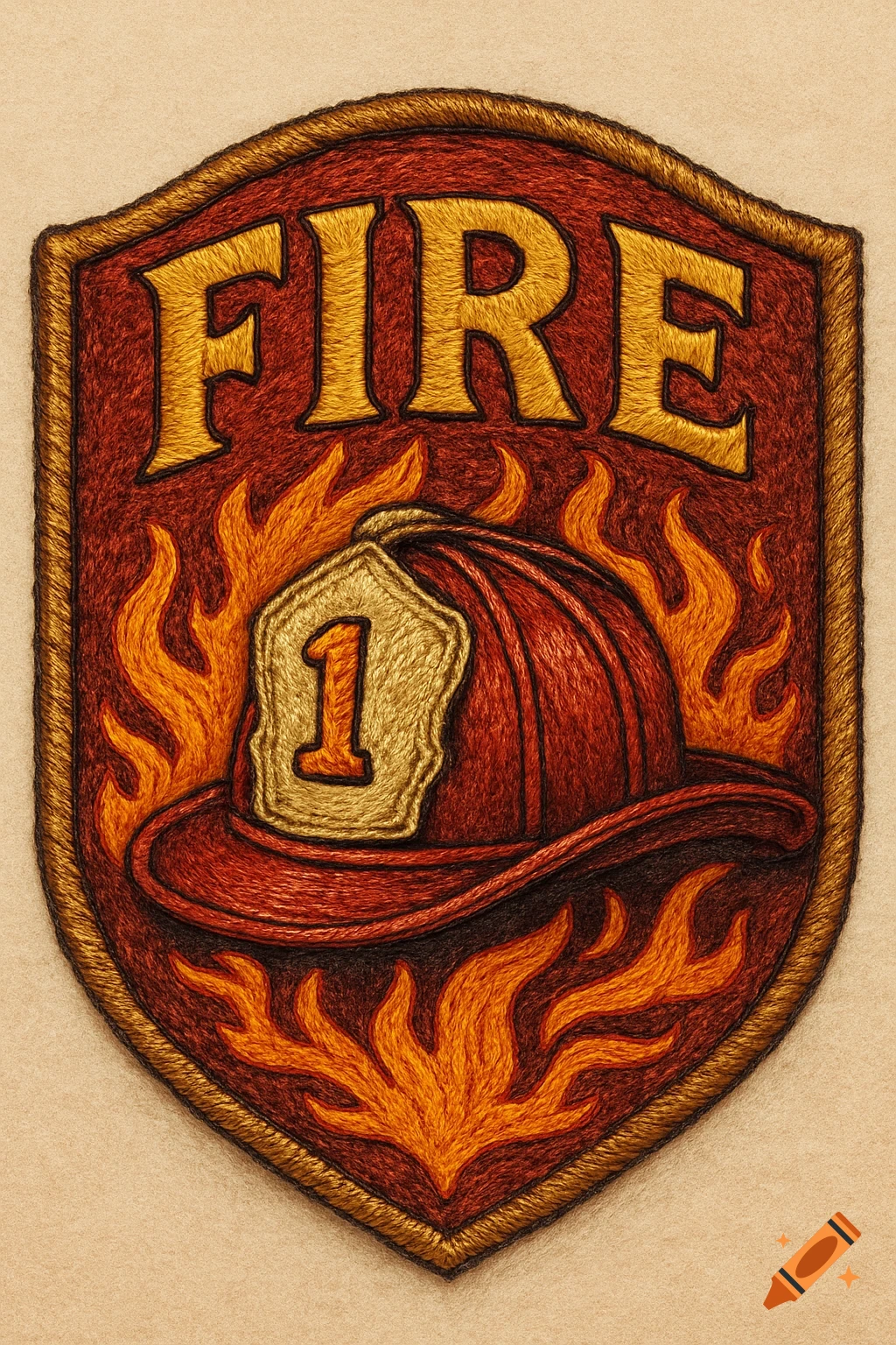 Embroidered firefighter patch with helmet, flames, 'FIRE' text, and the number '1'.