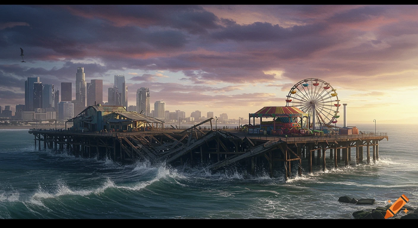 Destroyed pier with a Ferris wheel in the ocean at sunset, with a distant cityscape.