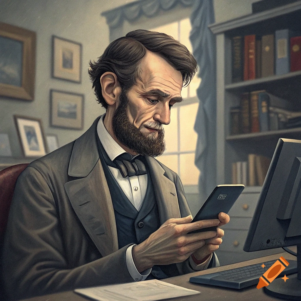 Abraham Lincoln sits at a desk looking at a smartphone, with a computer nearby.