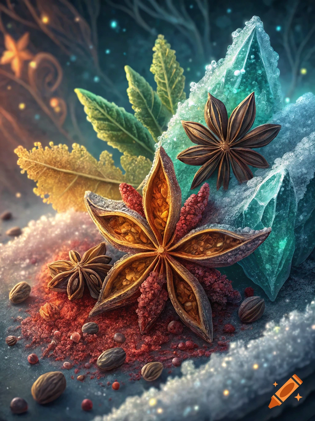Close-up of star anise, spices, ice, and leaves with a glistening, magical effect.