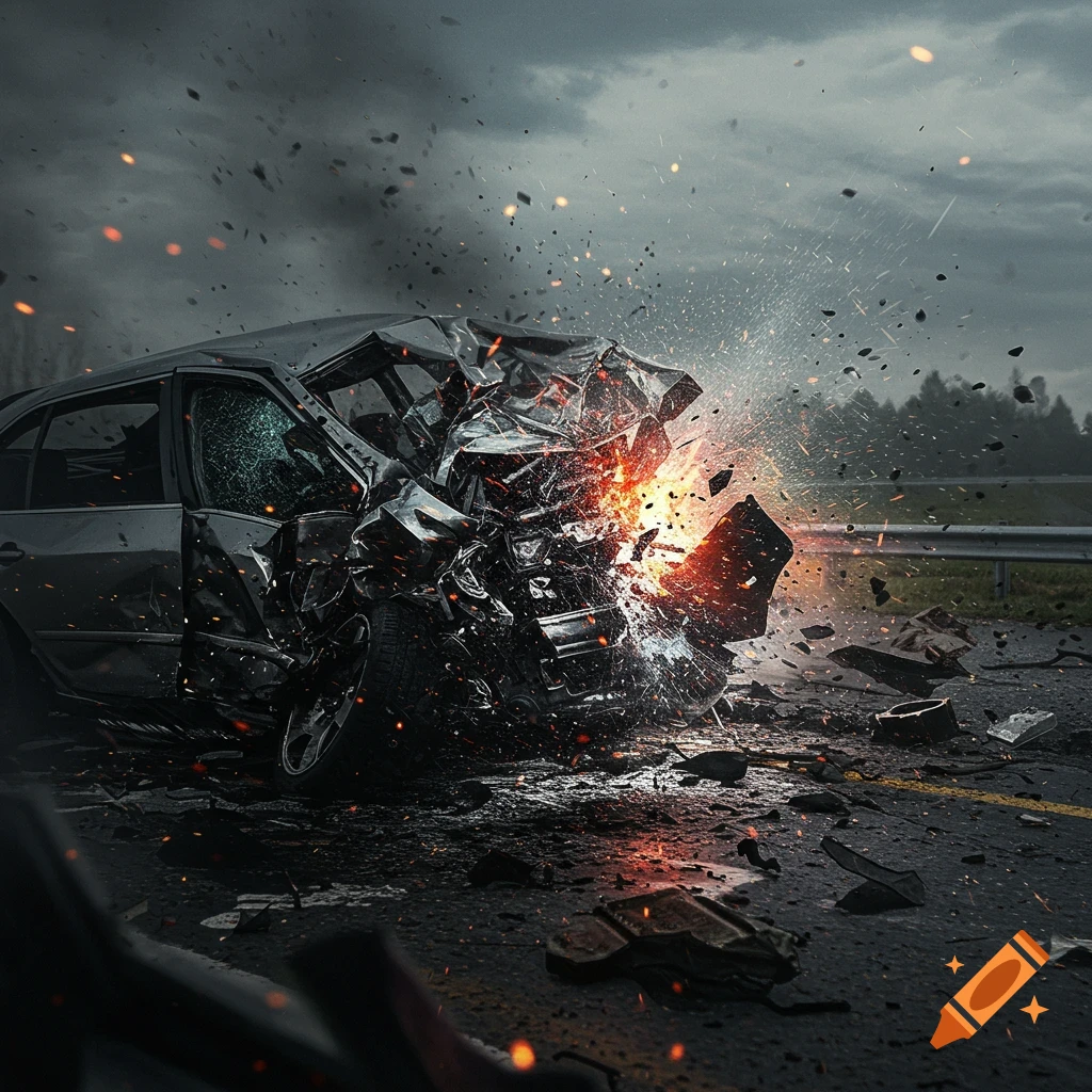 Photorealistic image of a violent car crash with debris and sparks
