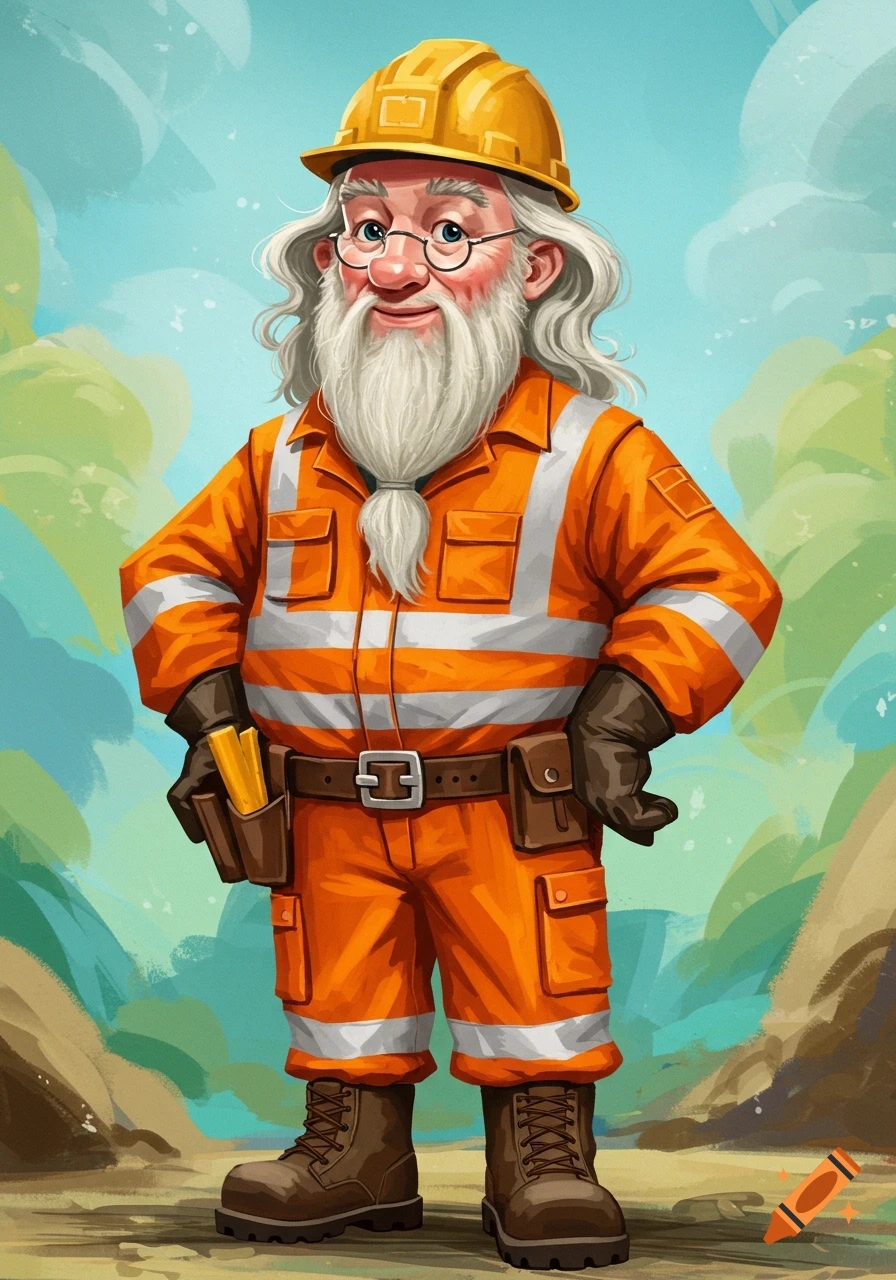 Illustration of an old man resembling Dumbledore wearing an orange construction suit and yellow hard hat.