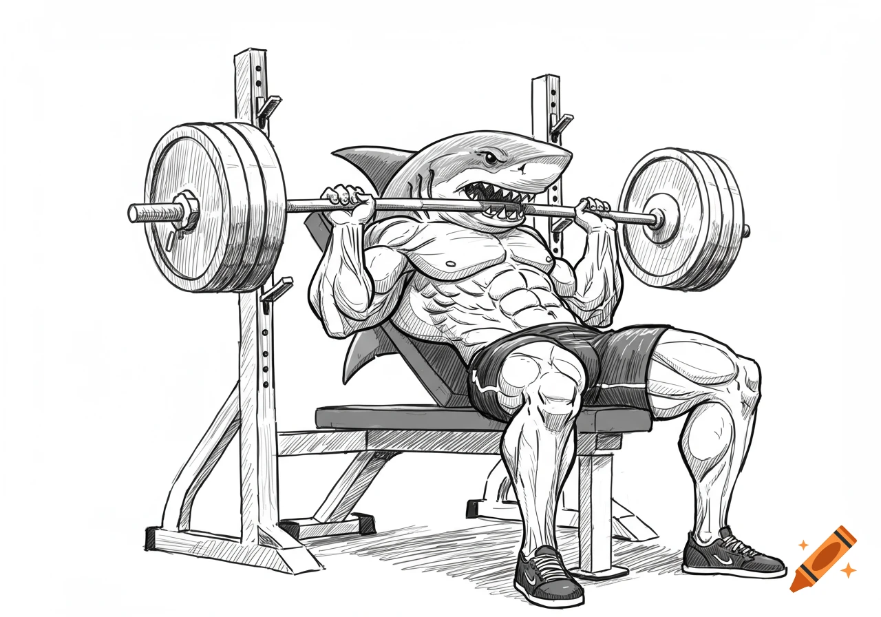 Sketch drawing of a muscular shark doing a bench press.
