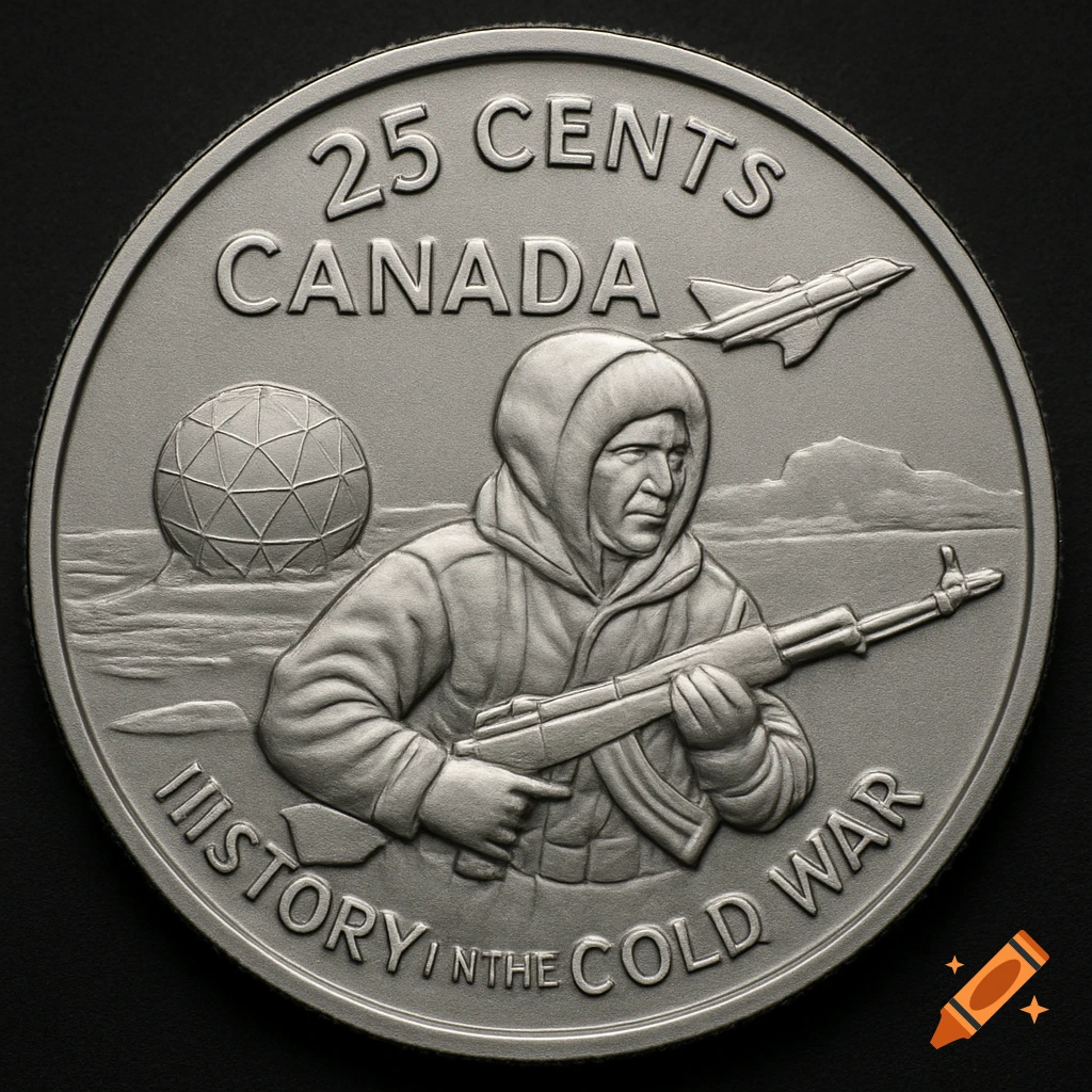 Silver coin with text 25 CENTS CANADA, a figure holding a rifle, a globe, and an aircraft, inscribed HISTORY IN THE COLD WAR.