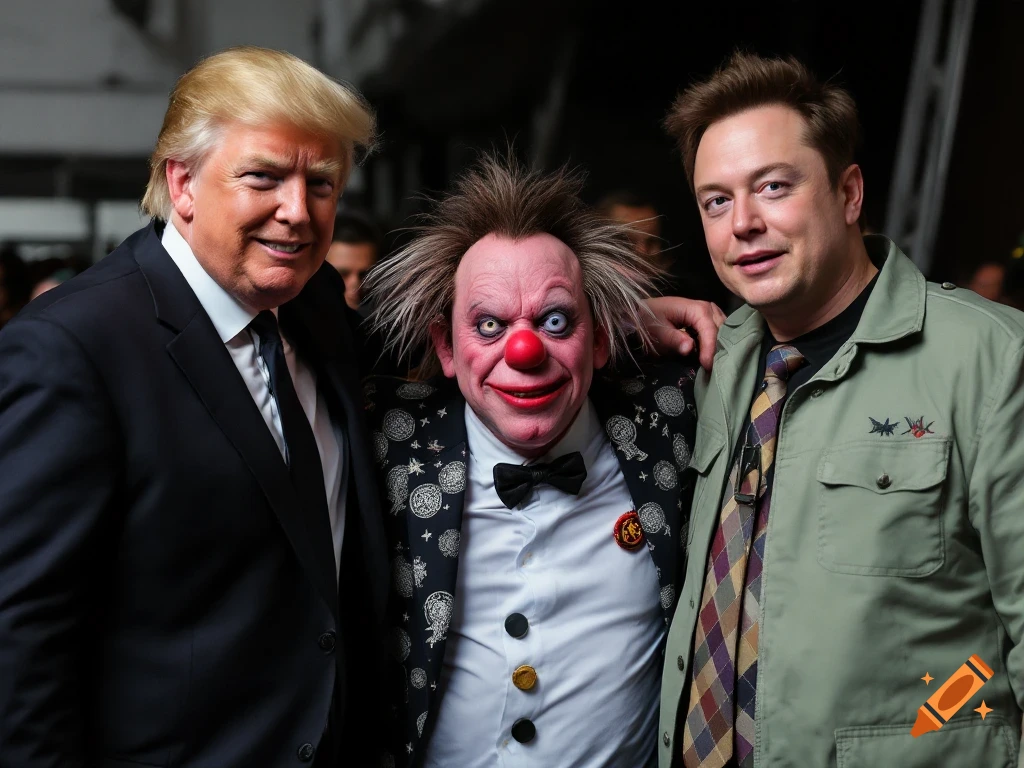 Donald Trump, Elon Musk, and a grotesque clown stand together in a photorealistic image.