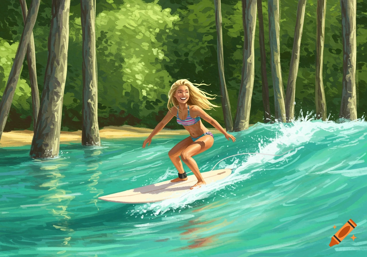 Blonde woman surfing a wave in a tropical forest illustration