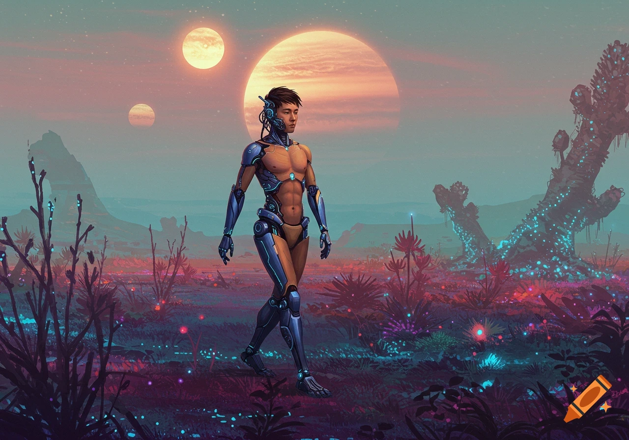 A cyborg walks through a colorful alien landscape with two large moons in a digital painting style.