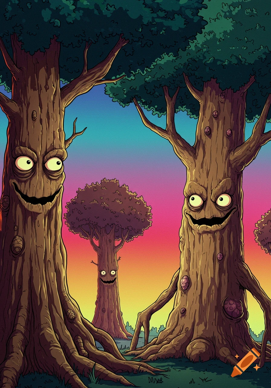 Cartoon illustration of anthropomorphic trees with faces and root-like limbs smiling under a colorful gradient sky.