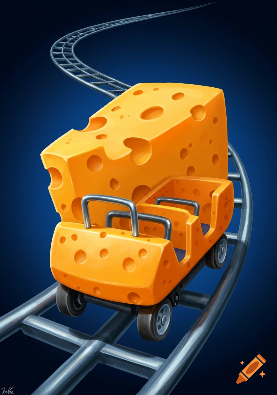 A cartoon illustration of a block of swiss cheese as a roller coaster cart on a track against a dark blue background.