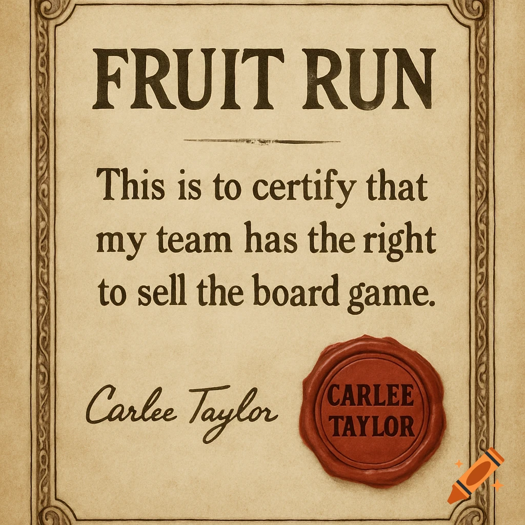 An old-style certificate with the title 'FRUIT RUN', body text, a signature 'Carlee Taylor', and a wax seal also stamped 'CARLEE TAYLOR'.