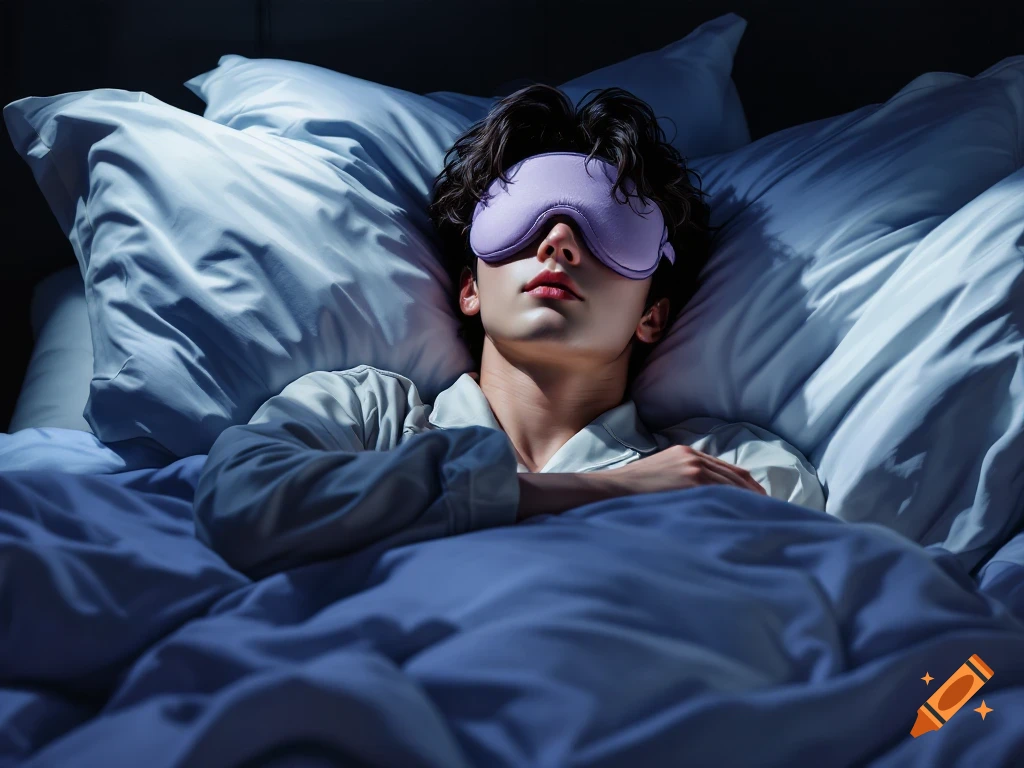 A person sleeps in a bed, wearing a purple sleep mask and surrounded by pillows and sheets in a dark room.
