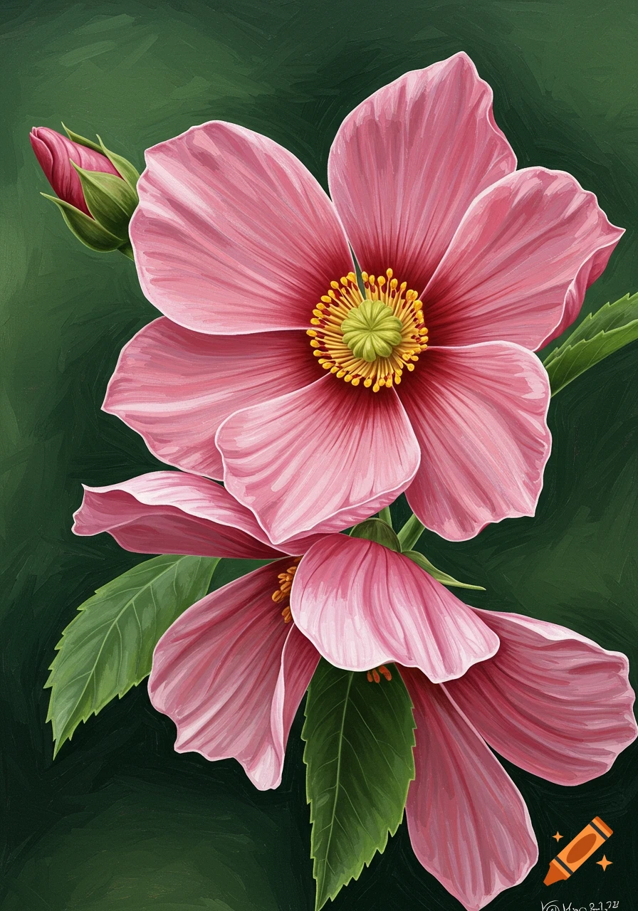 Detailed illustration of two pink flowers and a bud with green leaves against a dark green background