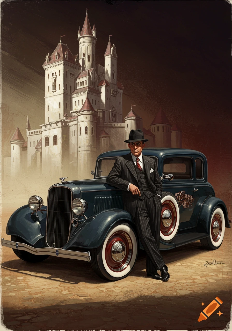 Illustration of a gangster in a pinstripe suit leaning on a dark blue vintage car in front of a castle.