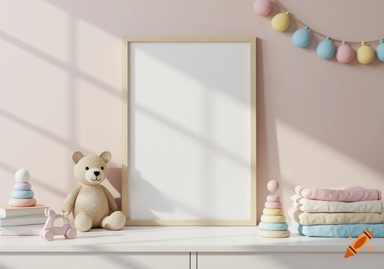 Nursery shelf with blank frame mockup, teddy bear, and toys