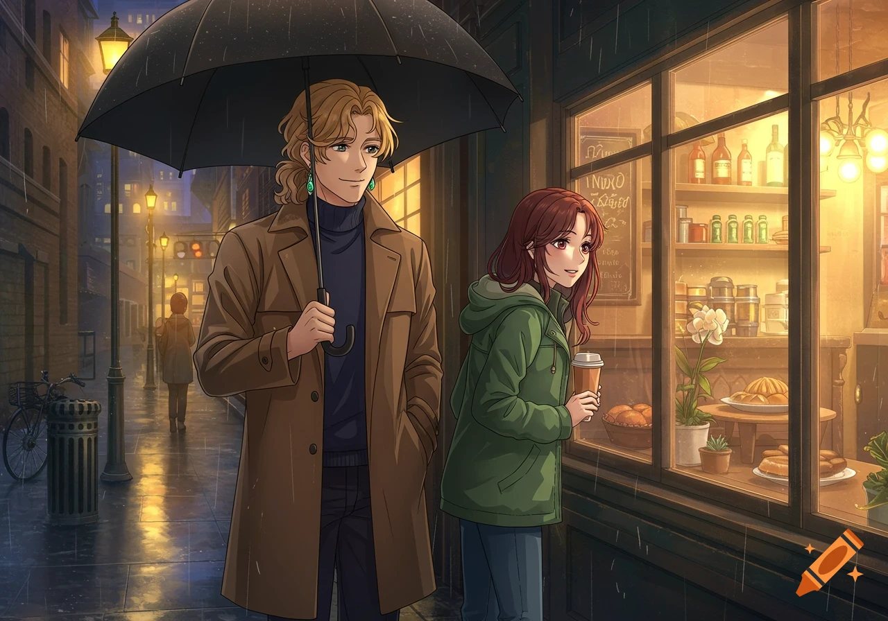 Anime illustration of two people in the rain looking at a bakery window.