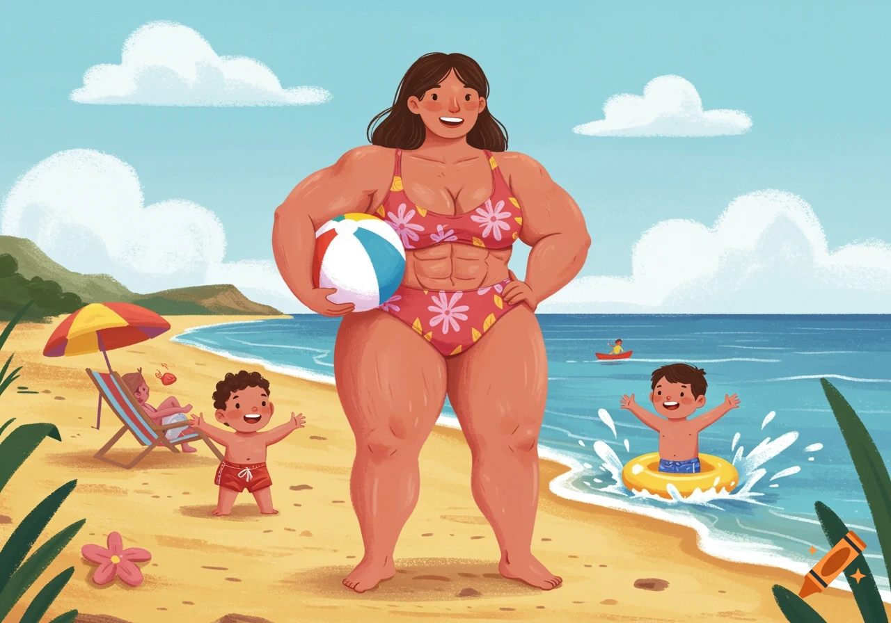 A muscular woman in a swimsuit holds a beach ball on a beach with children, in a children's book illustration style.