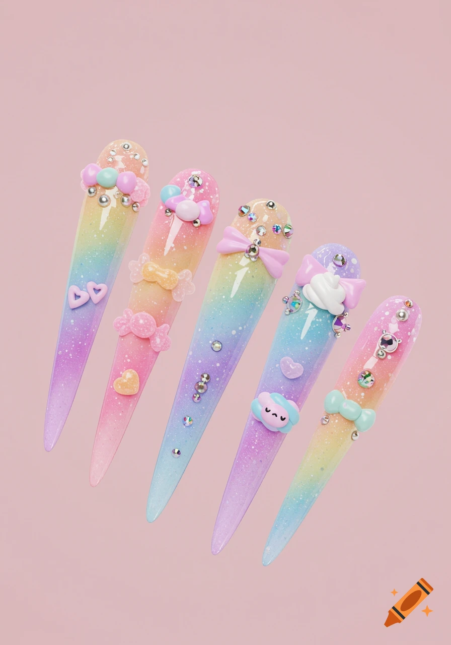 Five decorated stiletto nails with rainbow gradient, sparkles, jewels, bows, and candy charms on a pink background.