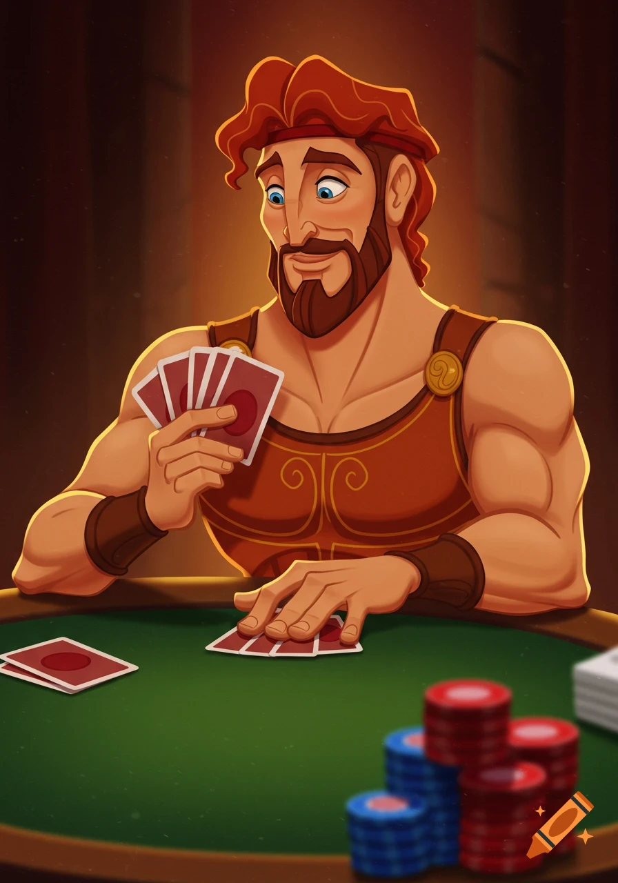 Cartoon drawing of Hercules playing poker at a table with cards and chips.