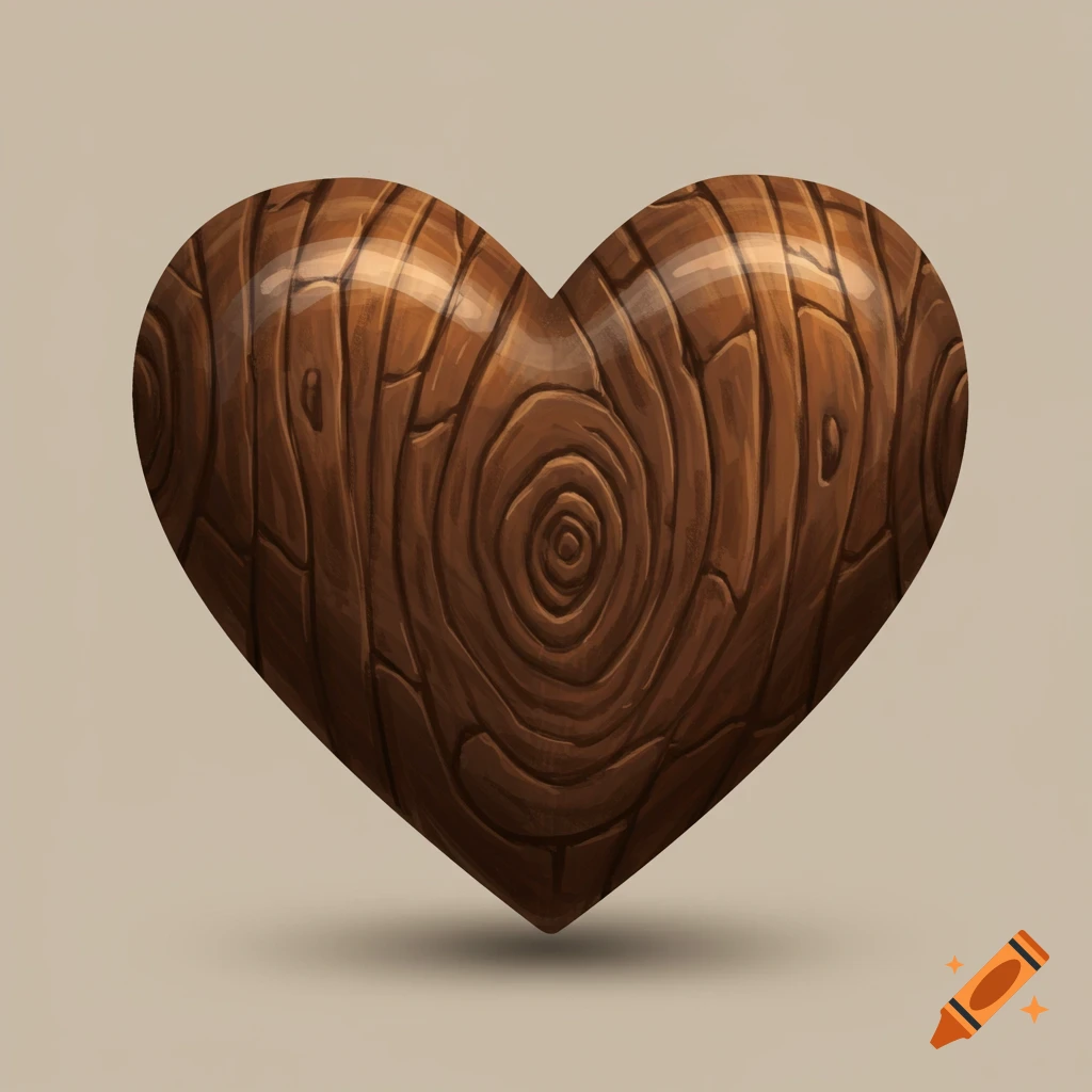 A stylized heart shape with a detailed wood grain texture.